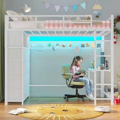 ADORNEVE Twin Loft Bed with Desk, 8 Storage Drawers,LED Lights, White
