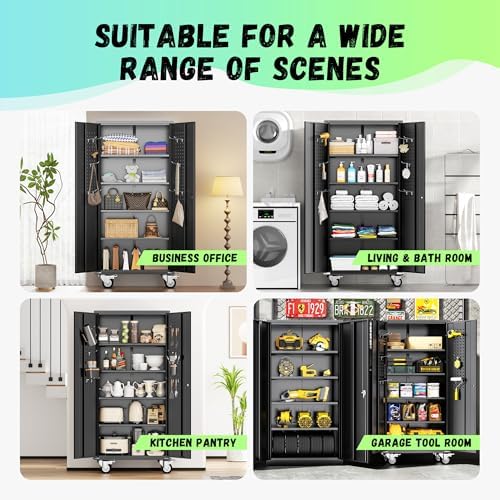 Metal Storage Cabinet with Wheels, 75" Garage Storage Cabinets with Door and 4 Shelves, Tool Storage Locker on Caster for Home, Office, Black