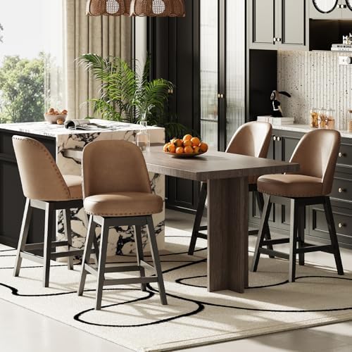 MALOL Swivel Counter Height Bar Stools Set of 3, Tall Faux Leather Barstools, Modern Bar Chairs with Solid Back and Wood Legs for Kitchen Island，Brown