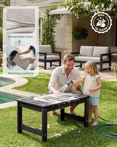 SERWALL 3 Pieces HDPE Outdoor Sofa Bistro Set with Cushions & Coffee Table