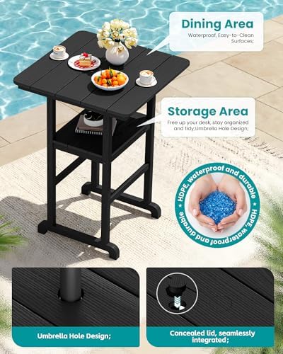 SERWALL HDPE 41.7" Bar Height Table with Umbrella Hole, Black