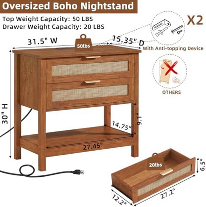 LEYAOYAO 31.5" Wide Rattan Night Stand with Charger Station, Boho