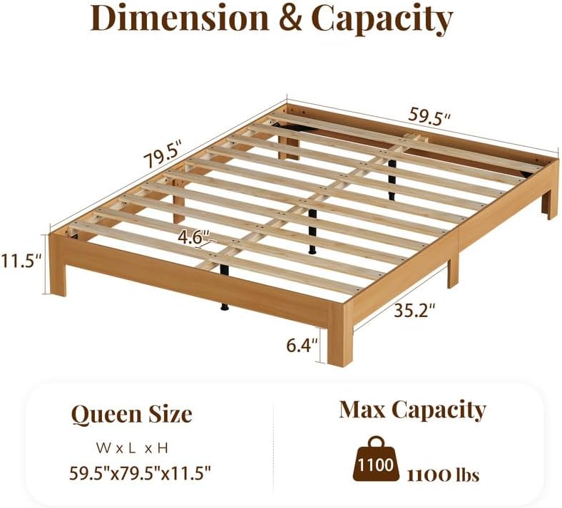 Solid Wood Platform Queen Bed Frame, Natural Oak