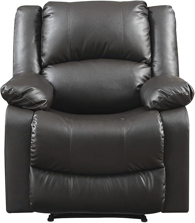 Warren 35.5" Manual Pull-Handle Recliner, Traditional Overstuffed, Pocket Coil Comfort, Black Metal Base Legs, Soft Vegan Leather Fabric, Java