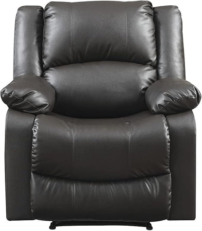Warren 35.5" Manual Pull-Handle Recliner, Traditional Overstuffed, Pocket Coil Comfort, Black Metal Base Legs, Soft Vegan Leather Fabric, Java