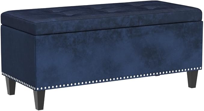 Asense 41" Storage Ottoman Bench, Faux Leather Tufted Upholstered End of Bed Bench with Safety Hinge for Bedroom,Entryway,Living Room,Drak Blue