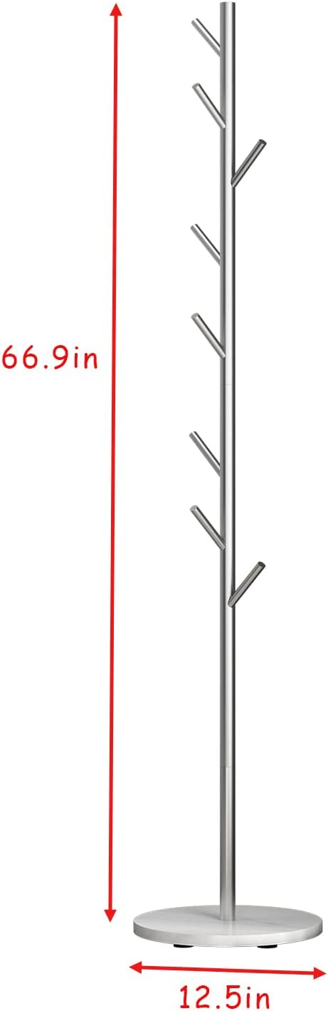 DOORXIFO Silver Coat Racks, Metal Coat Rack Freestanding with Hooks, Entryway Coat Rack Stand, Coat Racks with Marble Base, Coat Tree for Hanging Clothes, Hats, Bags