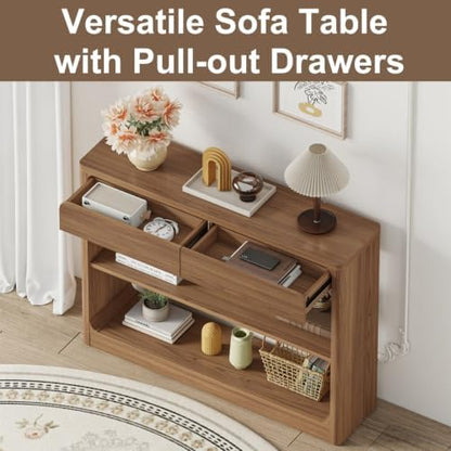 FATORRI Console Table with 2 Drawers, 43.3 Inch Farmhouse Narrow Entryway Table with Storage Shelves, Rustic Sofa Tables Behind the Couch for Hallway, Living Room, Foyer (Walnut)