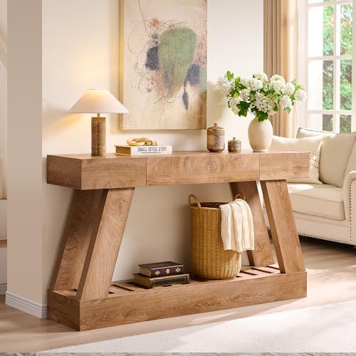 60" Farmhouse Entryway Table, Console Table with Drawer, Narrow Long Wood Sofa Table for Living Room, Wooden Hallway Foyer Table with Heavy Duty Base, Entry Table for Entrance(Light Knotty Oak)