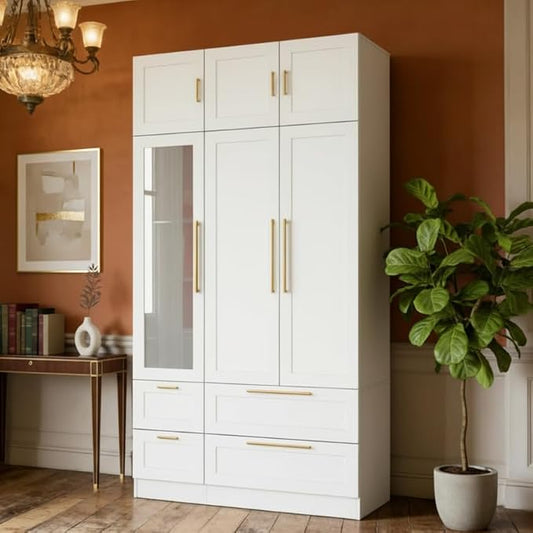 47" Almirah for Clothes, Tall Storage Wardrobe Closet Cabinet, Wardrobe with Drawers, Clothes Closet with Metal Hanging Rod, Handles, Mirror and Doors for Bedroom, White + Gold