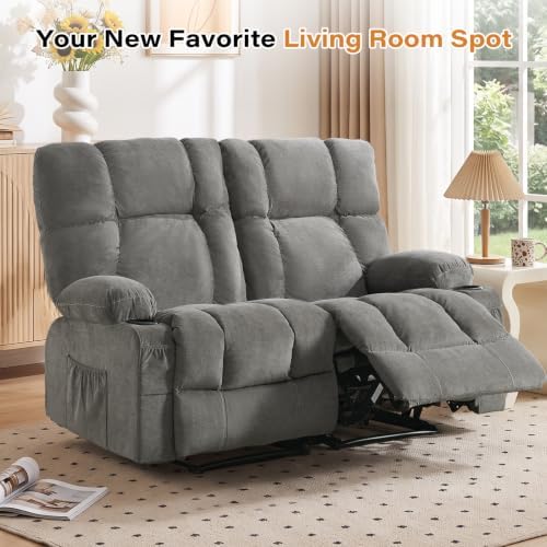 Oversized Fabric Reclining Loveseat Sofa for Living Room with Cup Holders