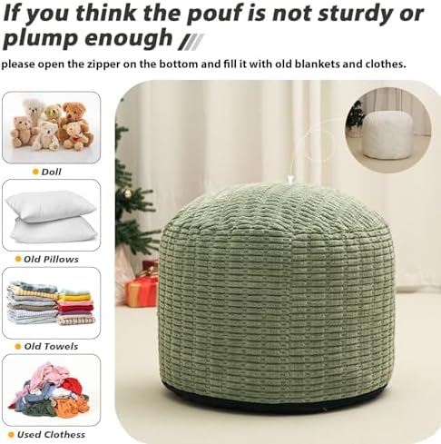 Round Stuffed Pouf Ottoman for Foot Rest 26" X 18" Faux Fur Poufs, Green