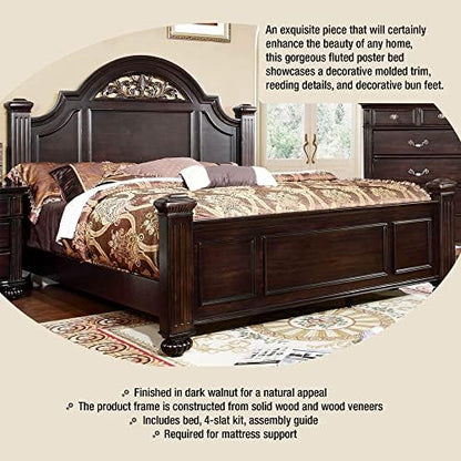 Furniture of America Malierd Transitional Fluted Poster King-Size Panel Bed, Box Spring Required for Bedroom, Guest Room Bed, Dark Walnut Brown