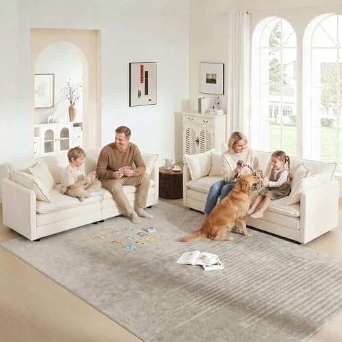 GNIXUU Oversized Modern Living Room Furniture Sets, Inclued 2 Pieces loveseat Sofa, Comfy Chenille Deep Seat Modular Couch Set for Living Room and Bedroom(2+2 seat, Beige White)