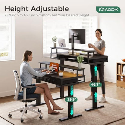 AODK 55 Inch Electric Standing Desk with Drawers & Keyboard Tray, Black