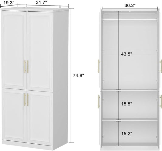 FUFU&GAGA Wardrobe Closet with 4 Doors, Modern White Bedroom Armoire with Gold Handles, Modern Clothes Storage Cabinet with Shelves & Hanging Rod for Cloakroom, 31.7”W x 19.3”D x 74.8”H