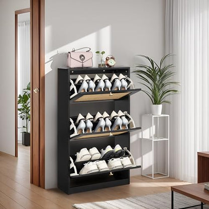 Finnhomy 3 Tier Shoe Cabinet with Natural Rattan Flip Drawers for Entryway, Free Standing Slim Shoe Storage Organizer with Large Top Board, Shoe Cabinet with Adjustable Width Drawers, Black