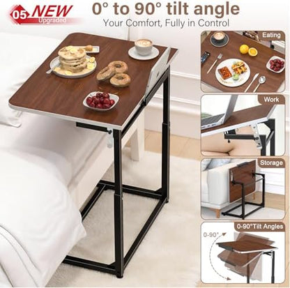 Extra Large TV Tray Table Set of 2, Heavy Duty C-Shaped Laptop Desk with 8-Level Height & 90° Tilt, Folding Overbed End Table for Couch and Bed, Walnut Finish with Phone/Tablet Slot for Small Spaces