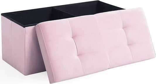 Storage Ottoman Bench Foldable Seat Footrest Shoe Bench End of Bed Storage with Flipping Lid, 75L Storage Space, 30 inches Velvet Pink