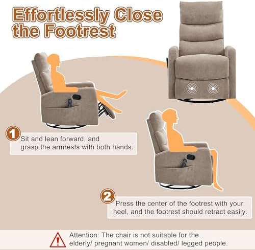 Luxlen Manual Swivel Rocker Recliner Chair with Vibration Massage, Overstuffed Glider Chair with Lumbar Heat for Nursery, Living Room Reclining Sofa Chair, Chenille Fabric Khaqi
