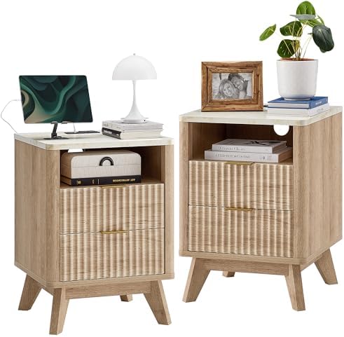 T4TREAM 18" Fluted Nightstand with 2 Drawers Set of 2, Natural Oak