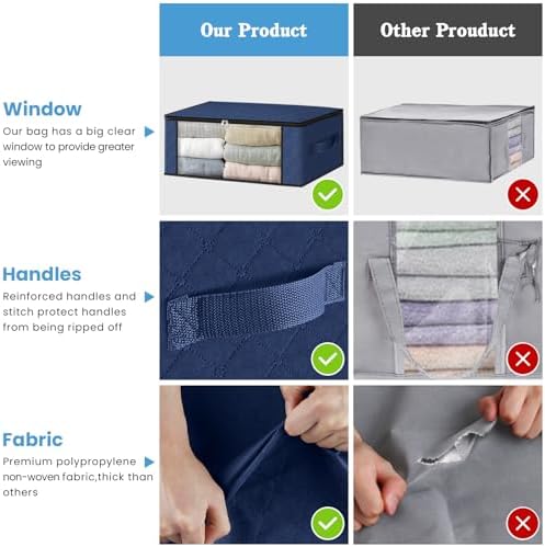 HomeHacks 3-Pack Clothes Organizer Storage Bags, 35L Storage Bins, Blue