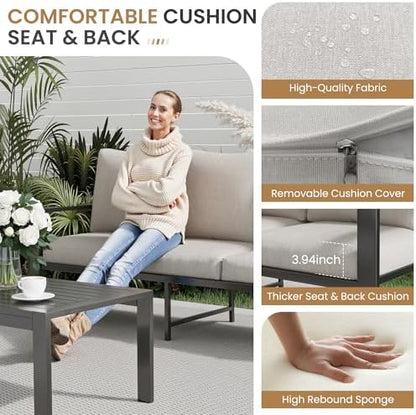 Outdoor Sofa Chair Aluminum Patio Couch Set of 2 All-Weather Patio Sofa Armchair Furniture Set Chairs with Beige Cushions