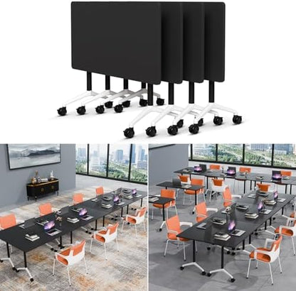 Folding Conference Table Modern Large Mobile Meeting Table Rolling Conference Room Tables with Wheels Seminar Tables for Office Training Classroom (4, Black, 47.2" D X 23.6" W X 29.5" H)