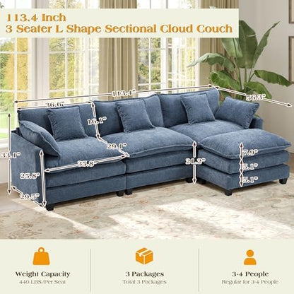 Hanherry Modular Sectional Sofa,Cloud Couch for Living Room,Modern Deep Seat Sofa Chenille Fabric Comfy Couches with Throw Pillows & Movable Ottoman for Apartment