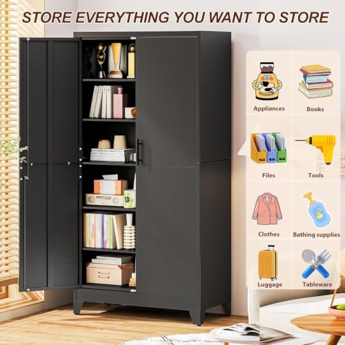 79" Metal Storage Locker Cabinet with Lock and 5 Adjustable Shelves,Steel Lockable Garage Tool Cabinet, File Cabinet,Kitchen Pantry Cabinet for Home,Office,Garage,School,Warehouse Black