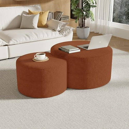 Round Nesting Coffee Table Set of 2,Upholstered Foam Ottoman Footrest Side Table Set,Modern Flannel Circle Coffee Table No Assembly for Living Room Entryway Bedroom,Orange