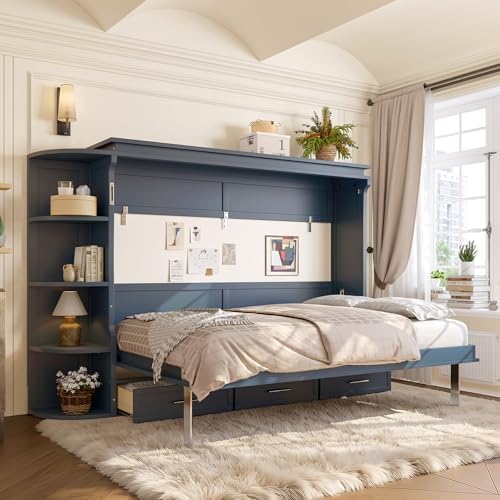 Bellemave Full Murphy Bed with Shelf, Cabinet Bed Frame with Side Cabinets, Murphy Cabinet with Drawers, Noisy Free, for Guest Bedroom, Living Room, Blue
