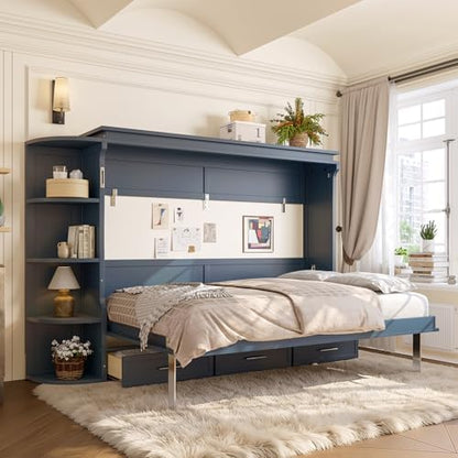 Bellemave Full Murphy Bed with Shelf, Cabinet Bed Frame with Side Cabinets, Murphy Cabinet with Drawers, Noisy Free, for Guest Bedroom, Living Room, Blue