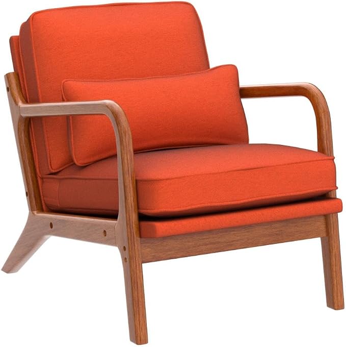Karl home Accent Chair Mid-Century Modern Chair with Pillow Linen Fabric Upholstered Lounge Arm Chair with Solid Wood Frame & Soft Cushion for Living Room, Bedroom, Balcony, Burnt Orange