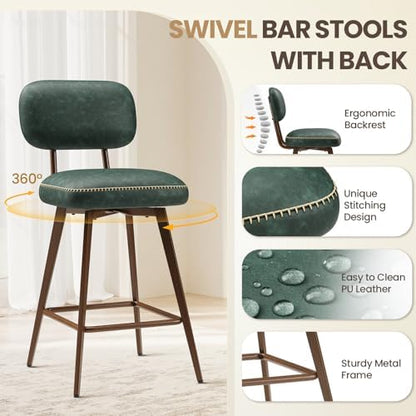 MALOL 26“ Mid Century Leather Swivel Bar Stools Set of 4, Green