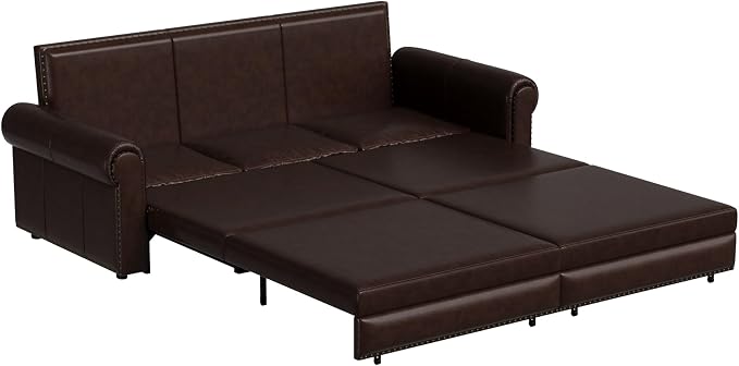 93.7" King Size Sleeper Sofa Bed, Pull Out Sofa Bed, Faux Leather Upholstery, 3 in 1 Convertible Sleeper Couch, Chaise Lounge, Retro Recliner for Living Room, Office, Apartment, Dark Brown