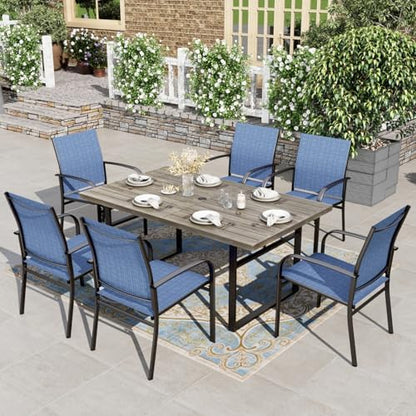HERA'S HOUSE 7pc Outdoor Patio Dining Set, Wood-Look Metal Table, Blue