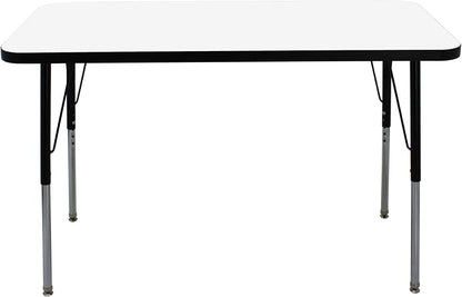 FDP Dry-Erase Rectangle Activity School and Office Table (24 x 48 inch), Standard Legs with Swivel Glides, Adjustable Height 19-30 inches; Quick Ship Single Box - Whiteboard Top and Black Edge