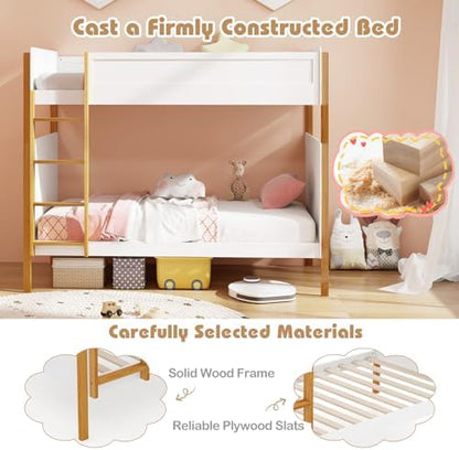 GIANTEX Twin Over Twin Bunk Bed, Solid Wood Bunk Bed Frame w/Integrated Ladder & Safety Guardrails, Space-Saving Convertible 2-in-1 Bunk Beds for Kids, Teens, No Box Spring Needed, White+Natural