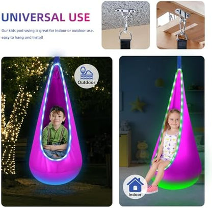 Light Up Kids Pod Swing, Indoor Outdoor Hammock Seat w/ LED Lights,Rose Red