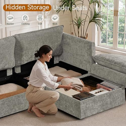 Myroyalsit Modular Sofa with Storage, 103" Shape Sectional Cloud Couch, Oversized Fabric Couch with Movable Ottoman, 5 Seat Modern Deep Seat Sofa for Living Room (Grey Chenille)