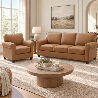 Kingfun Faux Leather Sofa Set,Standard Sofa with Chair,HoneyBrown