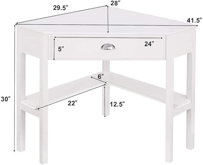 LDAILY White Corner Desk, Triangle Corner Computer Desk for Small Space, Compact Writing Desk with Storage Shelves & Drawer, Space Saving Small Makeup Vanity Desk for Bedroom, Home Office