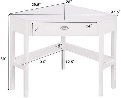 LDAILY White Corner Desk, Triangle Corner Computer Desk for Small Space, Compact Writing Desk with Storage Shelves & Drawer, Space Saving Small Makeup Vanity Desk for Bedroom, Home Office