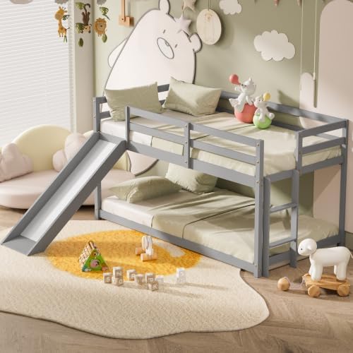 Low Bunk Bed with Slide, Floor Loft Bed with Climbing Ladder, Wood Twin Bunk Bed Frame with Full Guardrails & Storage Space for Kids Toddler