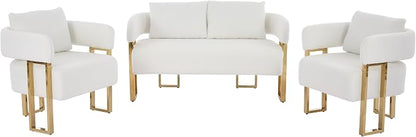 Loveseat Sofa and 2 Accent Chairs Comfy Sofa Modern Accent Chairs for Living Room with Golden Legs Teddy Upholstered Reading Armchairs no Wheels for Reception Room//Bedroom/Lounge/Office,White