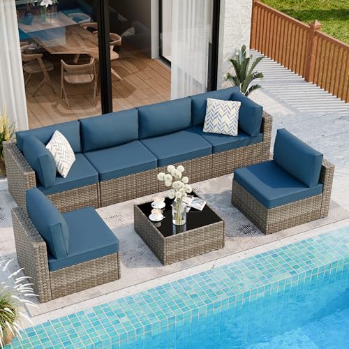 7 Piece Outdoor Patio Furniture Set with Natural PE Rattan, Navy Blue