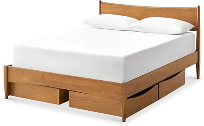 mopio Retrovie Mid-Century Modern Queen Bed Frame – Solid Wood Legs, LVL Slat System, No Box Spring Needed, Supports 661 lbs, Easy Assembly (Walnut, 4 Drawers)