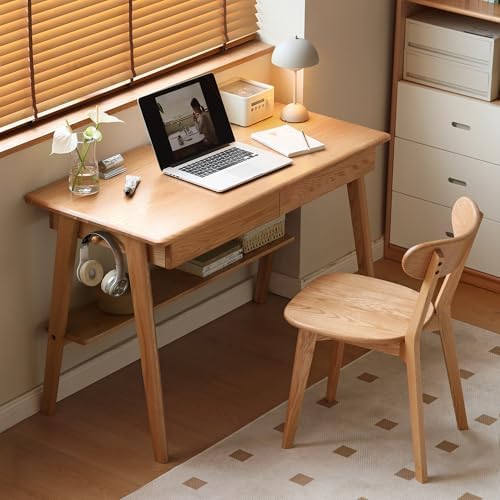 100% Solid Wood Desk with Drawers, Mid Century Modern Oak Desk, Home Office Computer Desk for Study Writing 47.24" W