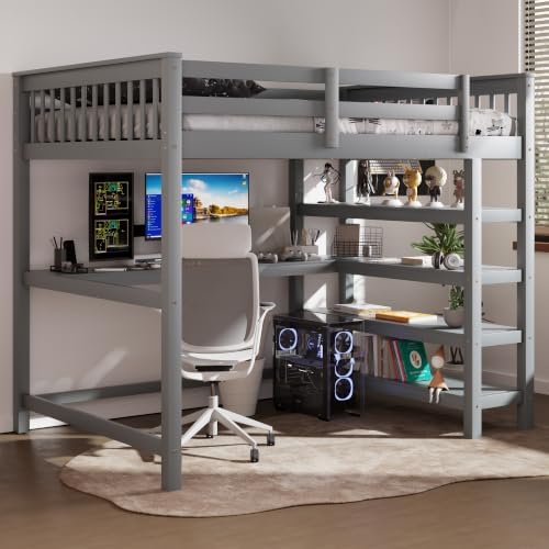 Merax Wood Loft Bed with Desk : Full Size Loft Bed with 4-Storage Shelves and Under Bed Desk Solid Wood Bed, Grey